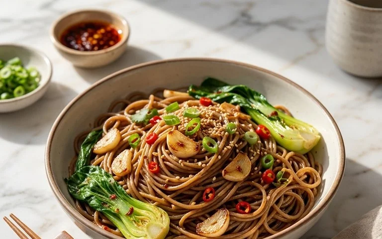 Spicy Garlic Soba Noodles with Bok Choy