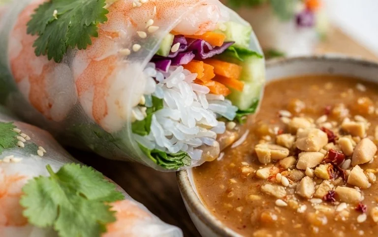 Rainbow Spring Rolls with Gin Extractger Peanut Sauce