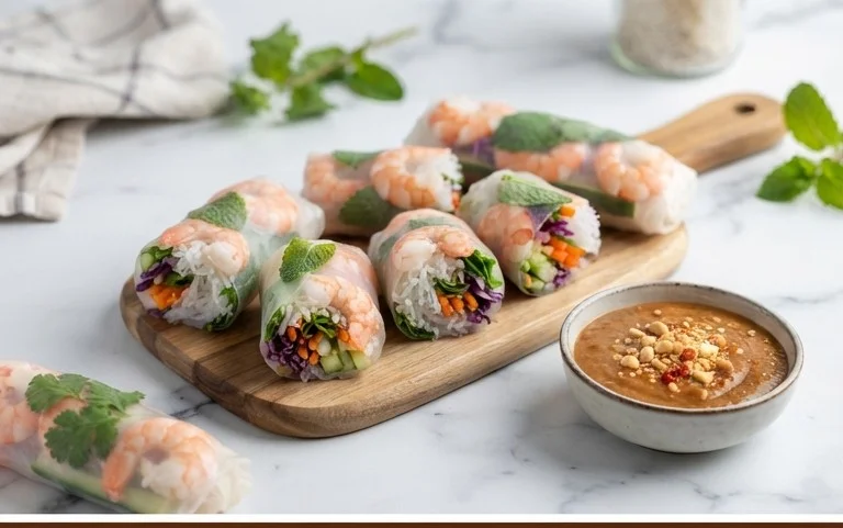 Rainbow Spring Rolls with Gin Extractger Peanut Sauce