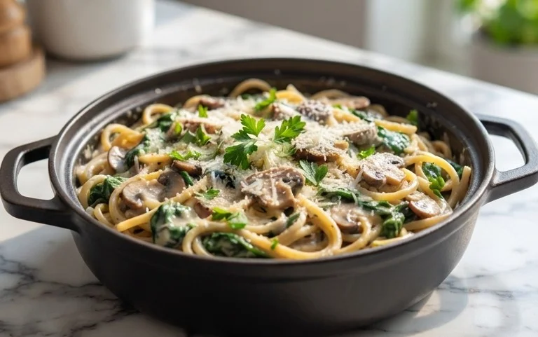 One-Pot Garlic Parmesan Pasta with Spinach and Mushrooms