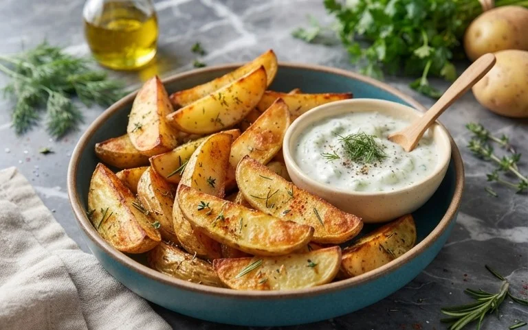 Kartoffelspalten mit Gurkendip