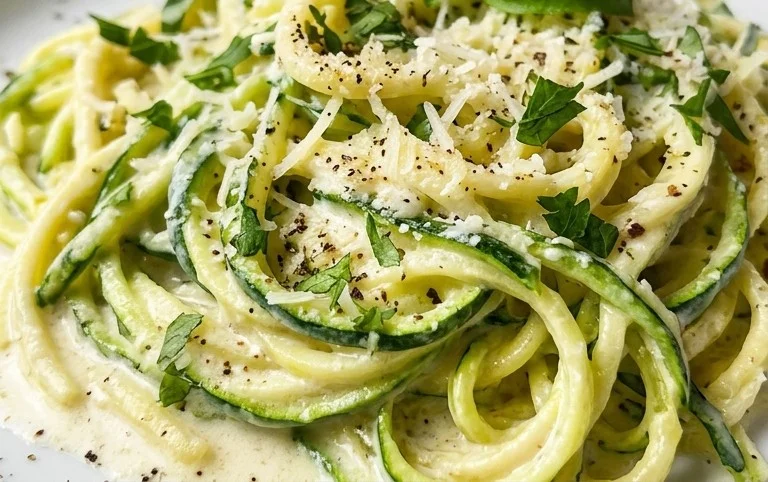 Zucchini-Spaghetti in cremiger Sauce– Zoodles