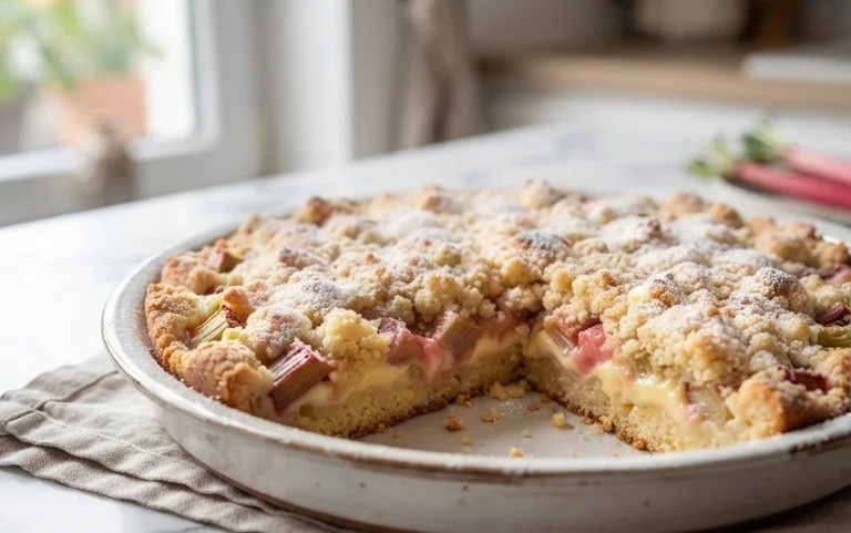 Rhabarberkuchen mit Pudding und Streuseln – wie von Oma