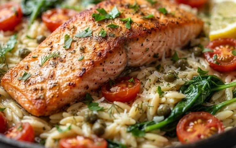 One Skillet Salmon with Lemon Orzo