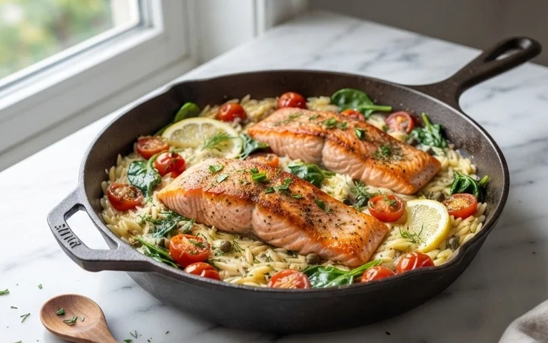 One Skillet Salmon with Lemon Orzo